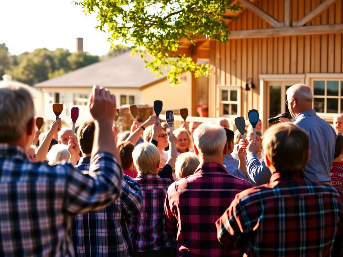 Live auction crowd raising bidder paddles